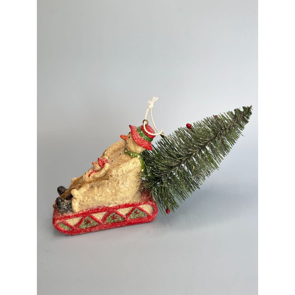 Snowman & Snowchild Sledding with Bottle Brush Christmas Tree Ornament - Picture 2 of 7
